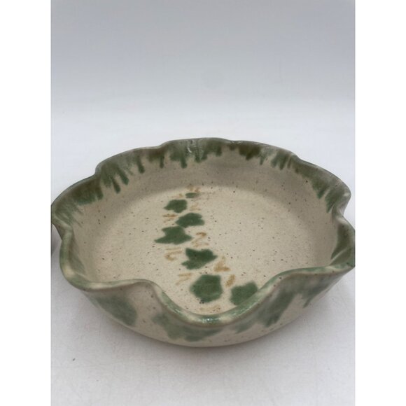 Handcrafted Vintage Studio Pottery Pitcher Scalloped Bowl Set Green Ivy Pattern - Picture 3 of 11